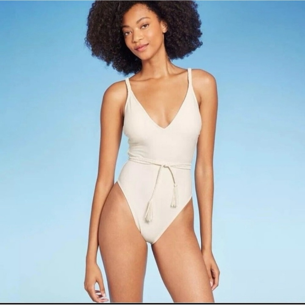 Shade & Shore Off White Braid Belt Extra High Leg Cheeky one piece